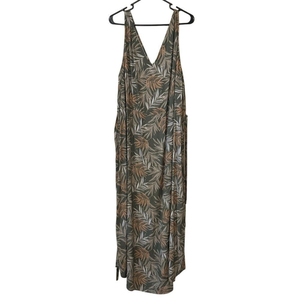 A New Day Women's Green Sleeveless V-neck Maxi Dress in Palm Print Size XXL